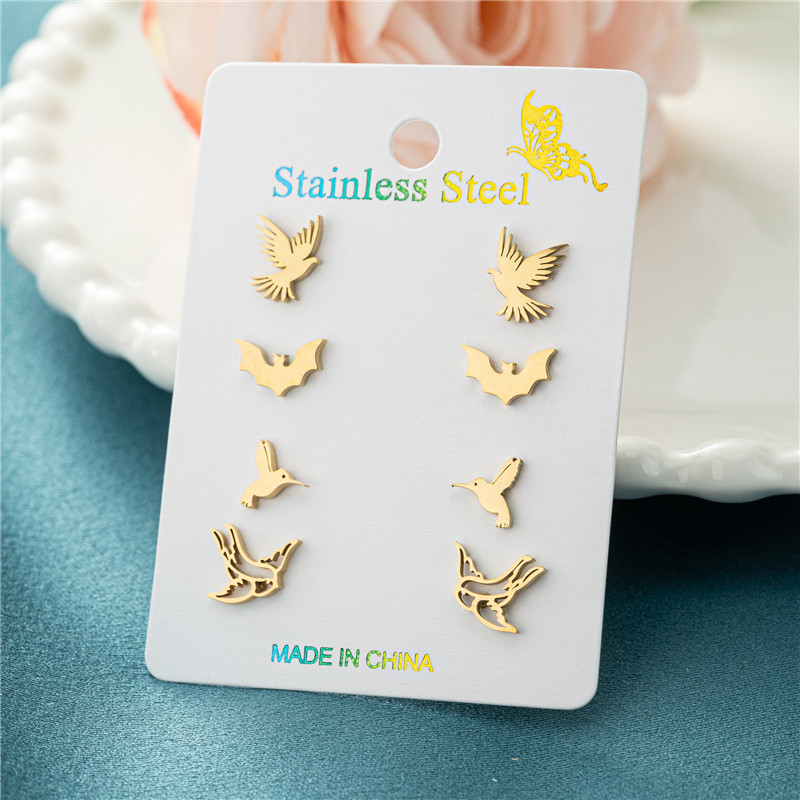 4Pairs Vintage Stainless Steel Hummingbird Earring Gothic Bat Ear Jewelry Set Girls Flying Animal Earrings Accessories