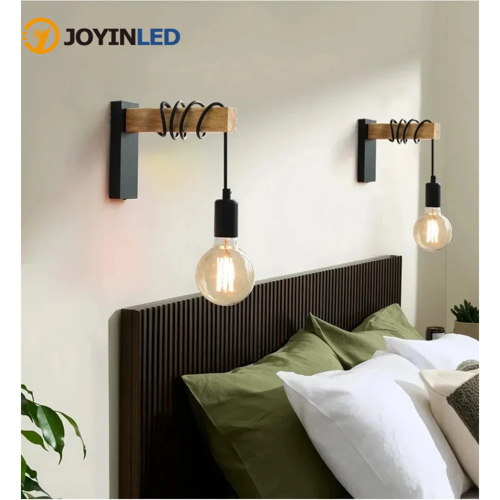 JOYINLED Retro Wood LED Wall Lamp E27 220V Industrial Pendant Light Live Room Bedside Lamp Decor for Bathroom Restaurant
