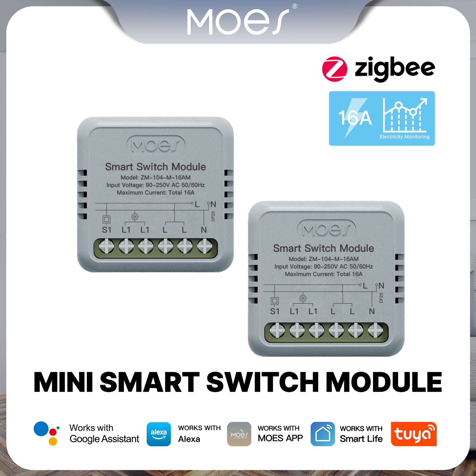 MOES Tuya ZigBee 16A Smart Mini Switch Module Electricity Consumption Monitor Light Switch 1 Gang Breaker Support Alexa lightify