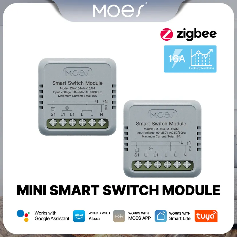 MOES Tuya ZigBee 16A Smart Mini Switch Module Electricity Consumption Monitor Light Switch 1 Gang Breaker Support Alexa lightify
