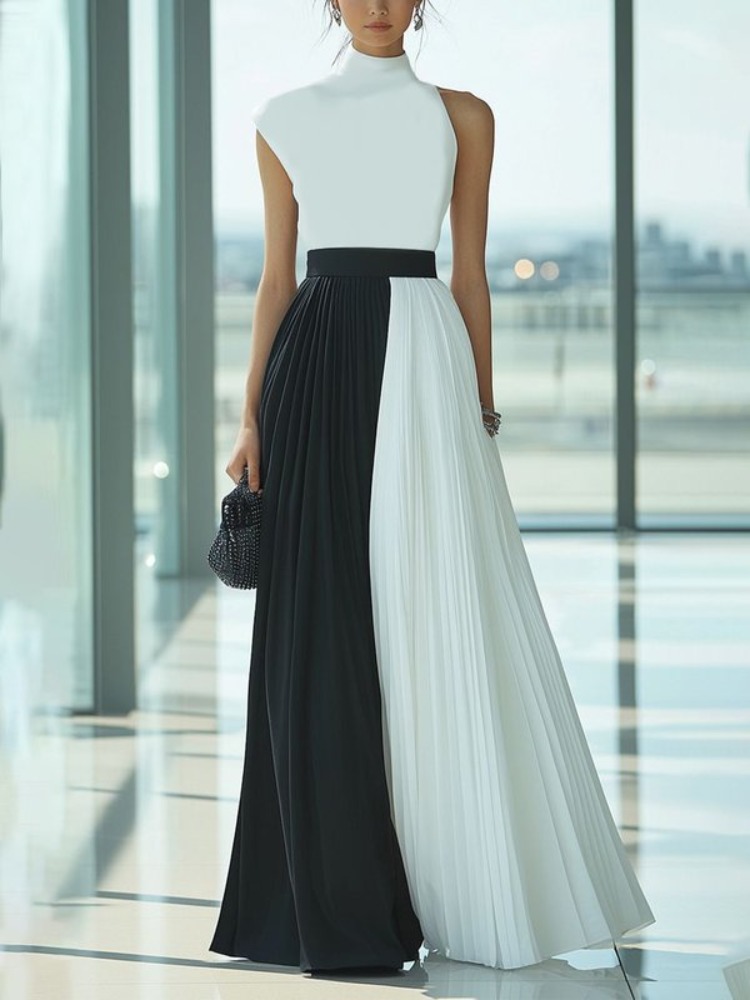 Color Block Sleeveless Maxi Dress for Women 2026 Summer A-line High Waist Pleated High Neck Elegant Evening Gown 181804