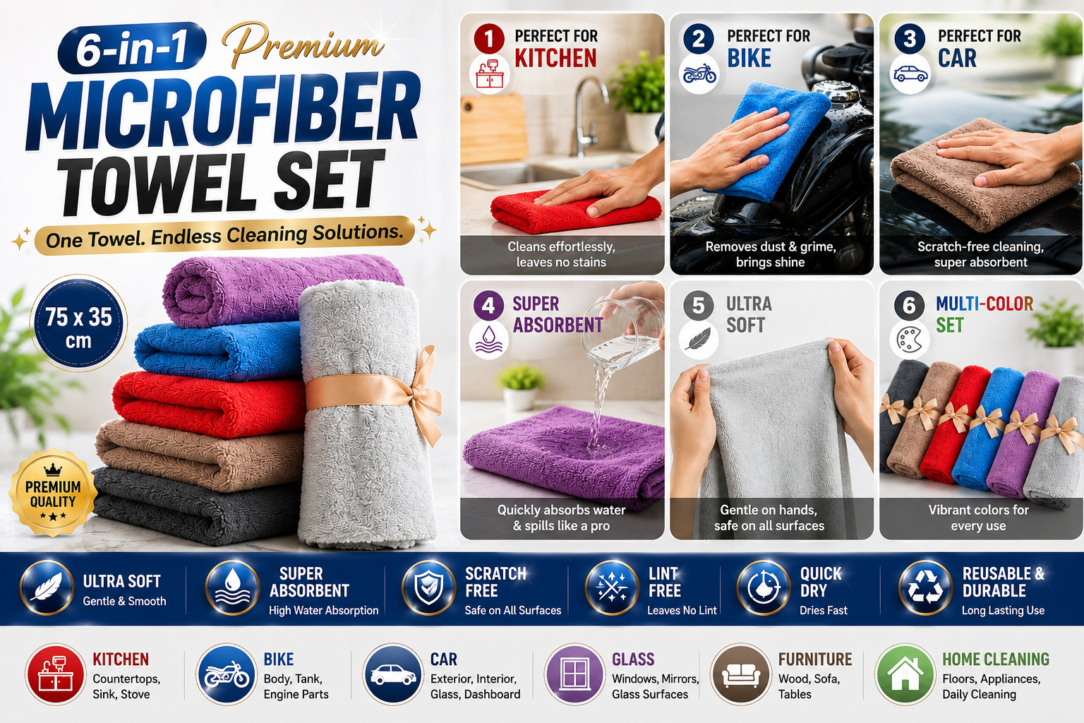 6-in-1 Premium Microfiber Cleaning Towel Combo Set 75x35cm | Ultra Soft Super Absorbent Cloth for Kitchen, Car, Bike & Home | Lint Free Quick Dry Reusable