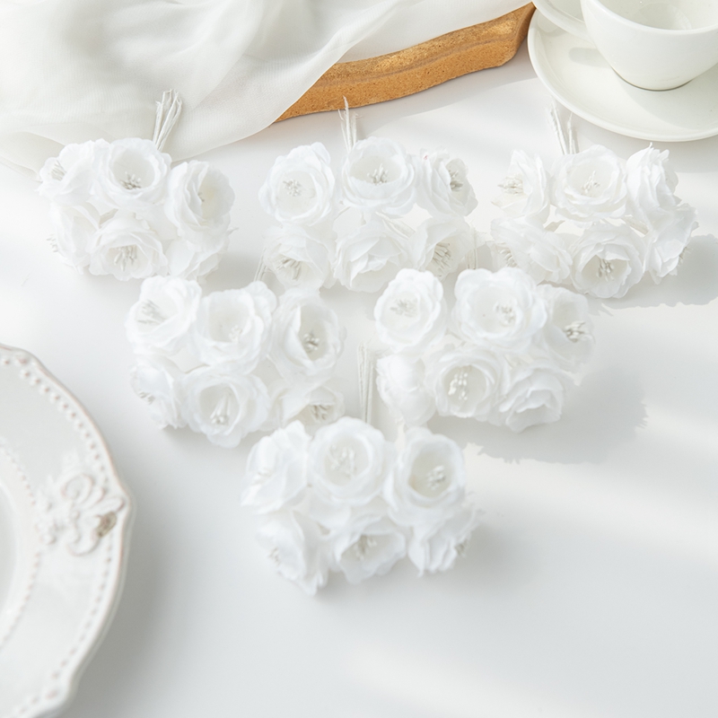 6PCS Artificial Flower Silk Oil Painting Small Camellia Rose Wedding Brooch Home Wreath Decoration Candy Box Scrapbook