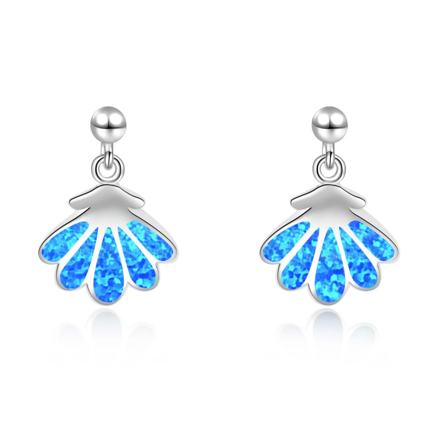 Scallop Shell Blue Opal Earrings,White K Plated Nautical Stud Earrings,Boho Hypoallergenic Ocean Theme Jewelry Gift for Women