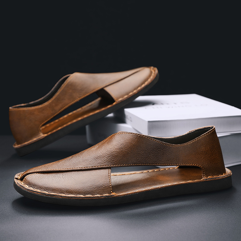 2026Men's Summer Genuine Leather Sandals Lightweight Breathable Beach Shoes Youth Slippers Low Top Mens Shoes for Casual Comfort