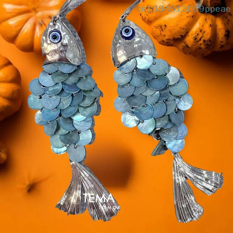 1 Pair Exaggerated Round Scaly Tassel Fish Pendant Earrings Retro Personalized Jewelry For Women Gift pen gpt