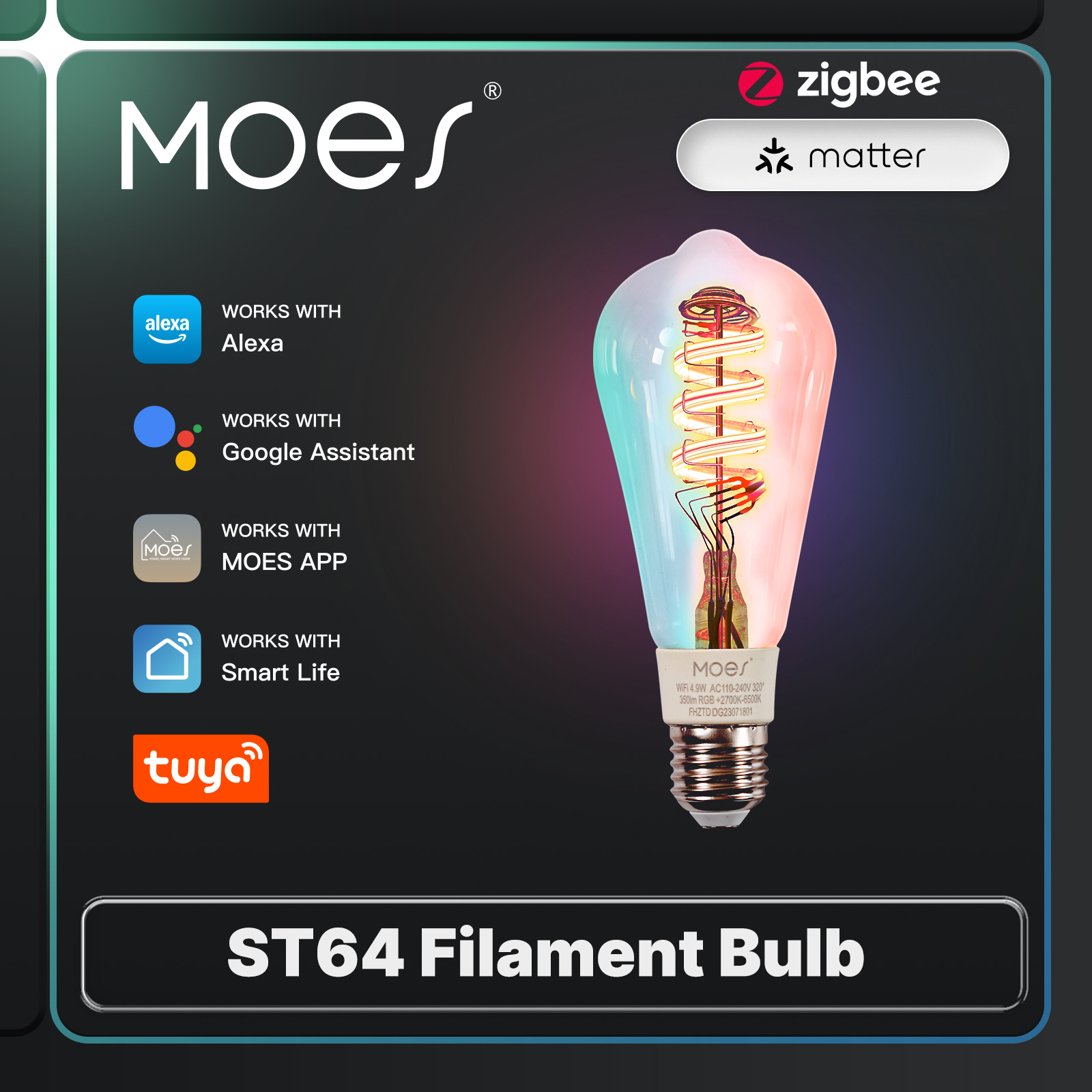 MOES Tuya Zigbee/Matter WiFi Smart ST64 LED Bulb Biological Rhythm RGB Colors Music Scene Mode Smart Linkage Wireless Control