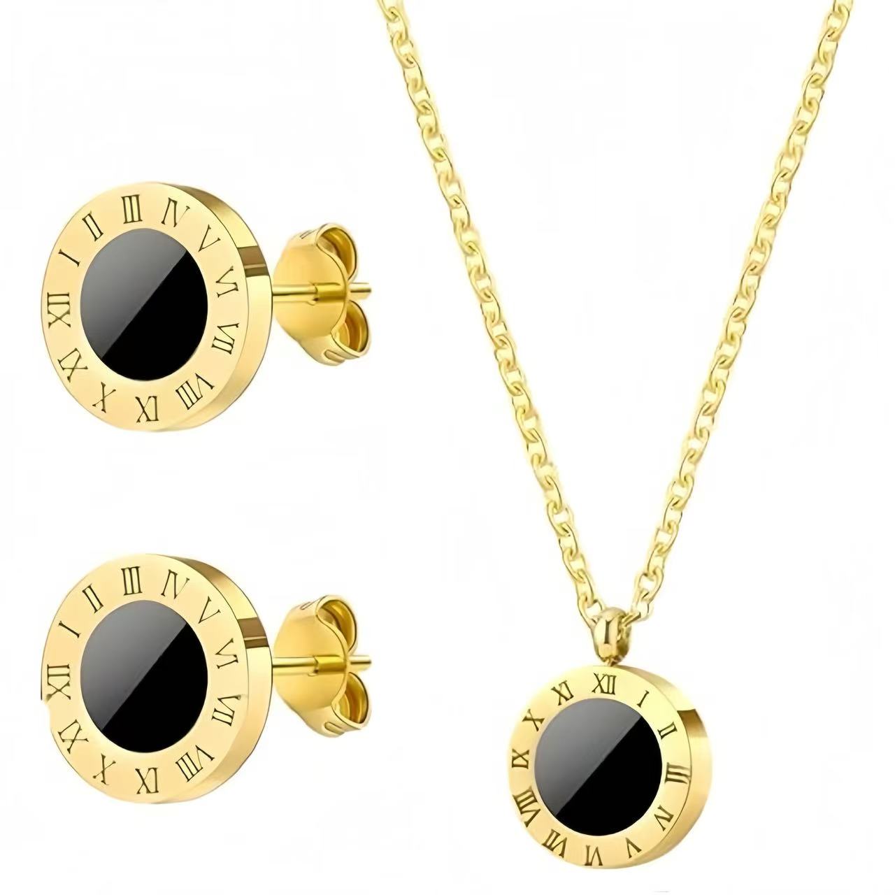 Stainless Steel Roman Numeral Disc Jewelry Set Black Enamel Round Pendant Necklace Stud Earrings Women Daily