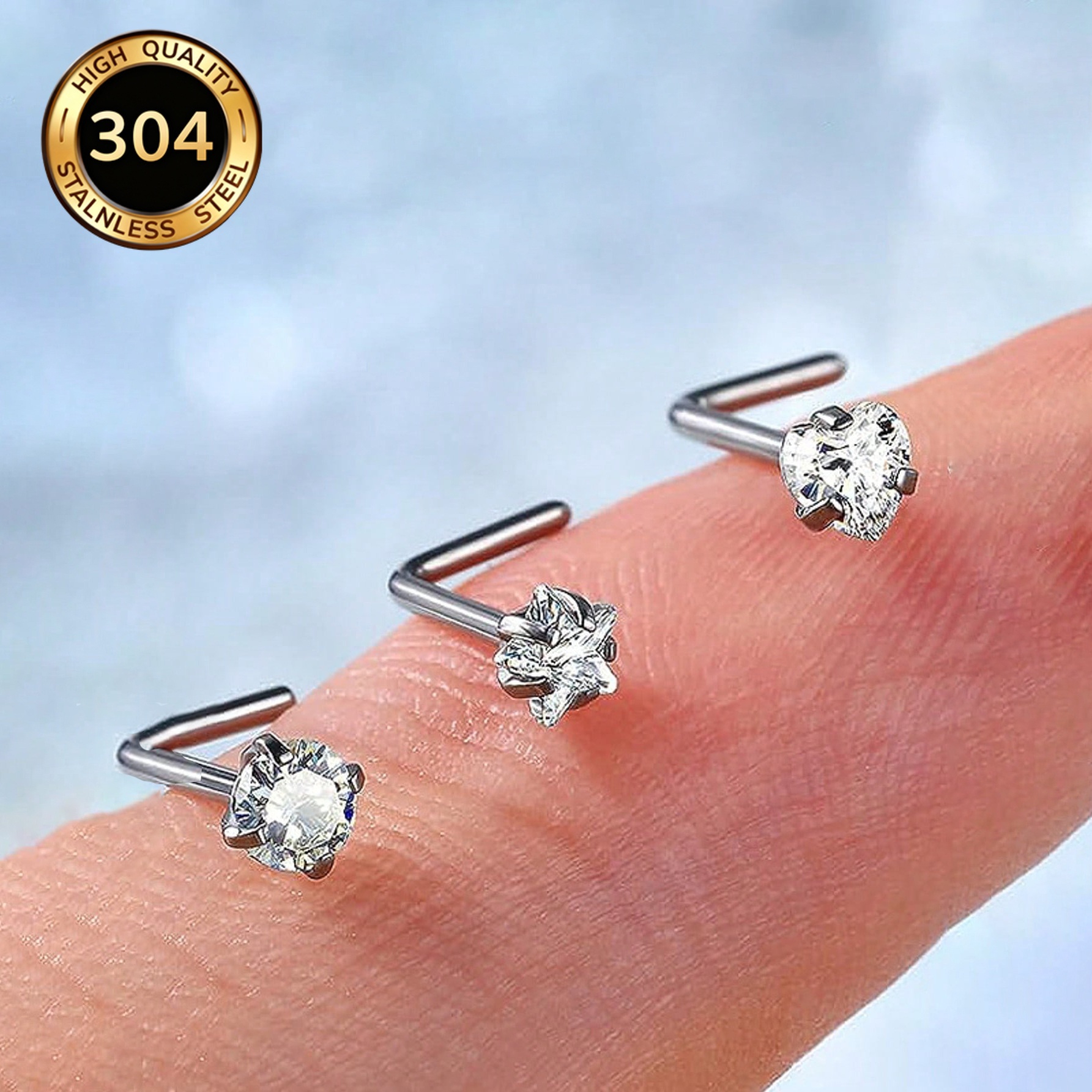 1Pc 3Pcs Shiny Nose Rings Set L Shaped Nose Studs Round Star Heart Design Nose Piercing Jewelry Unisex