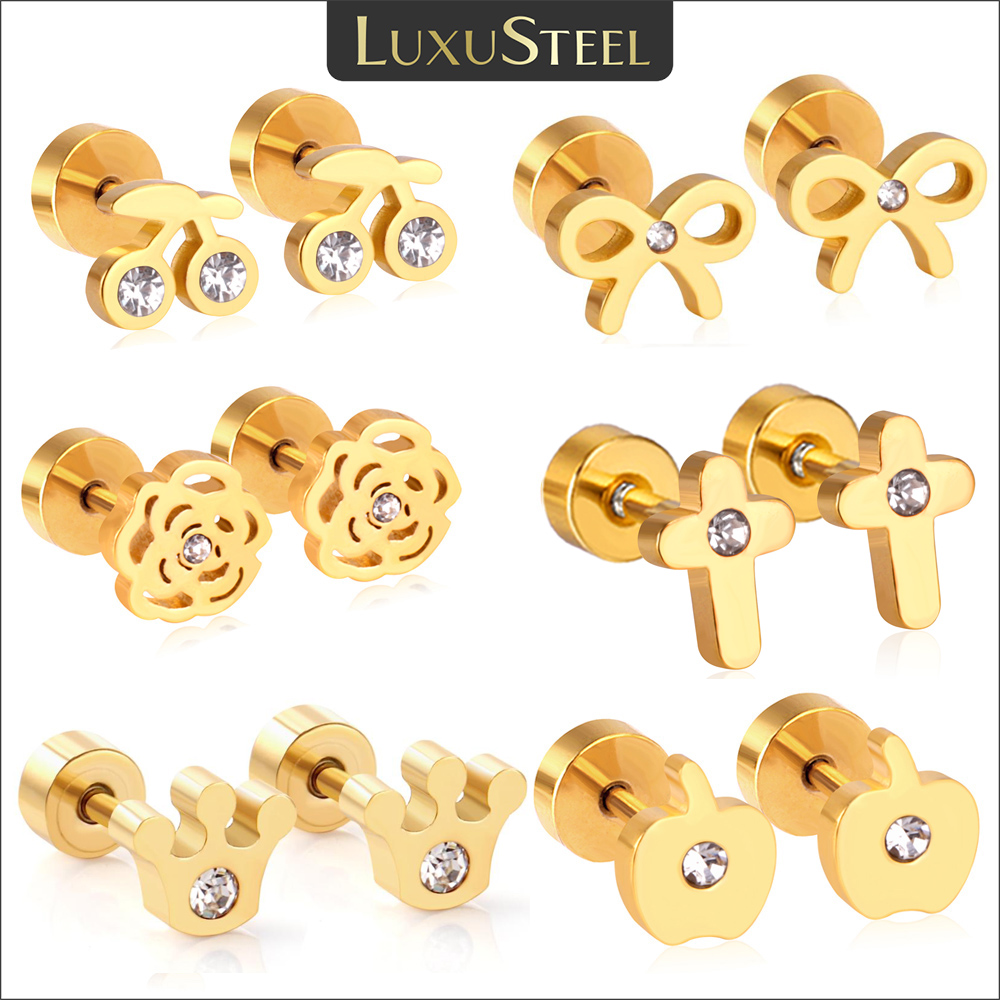 LUXUSTEEL Cute Baby Kids Girls Stud Earrings Stainless Steel Colorful Cubic Zircon Flower Anti-allergy Jewelry