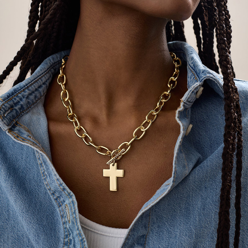 Fashion Cross Pendant Zircon OT Buckle Necklace for Women Vintage Exquisite Gold Color Minimalist Necklace Punk Jewelry New