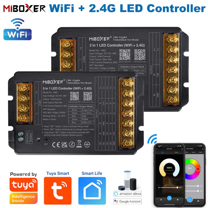 Miboxer New 2in1 5in1 WiFi+2.4G Led Controller Single Color/CCT/RGB/RGBW/RGBCCT Music Rhythm Tuya Smart,Voice Control for