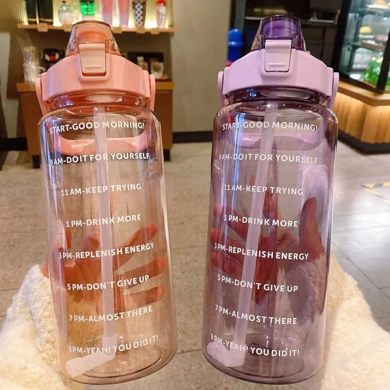 2 Liters Plastic Kettle Large Portable Travel Water Bottle with Straw Sports Fitness Cup High Value Big Fat Cup Universal