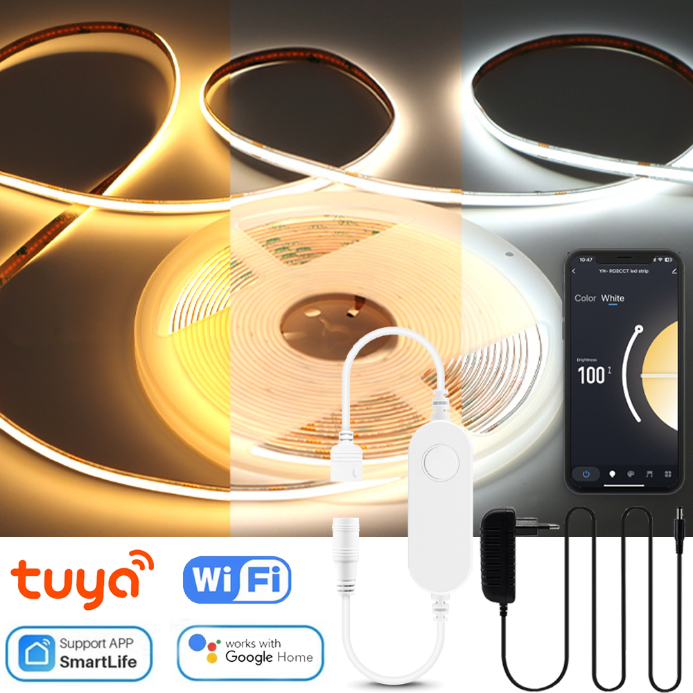 24V COB CCT LED Strip Light Tuya Smart Life WiFi 2700K-6500K Changeable Linear Dimmable LED Tape Work With Alexa Home