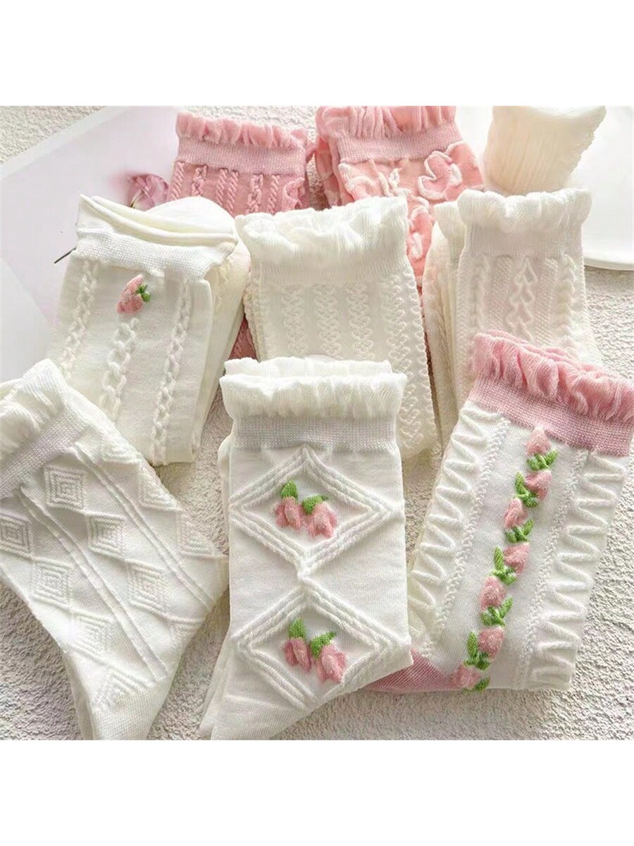 5 pairs of pink and white girl diamond patterned flower socks pink and cute lace mid length socks
