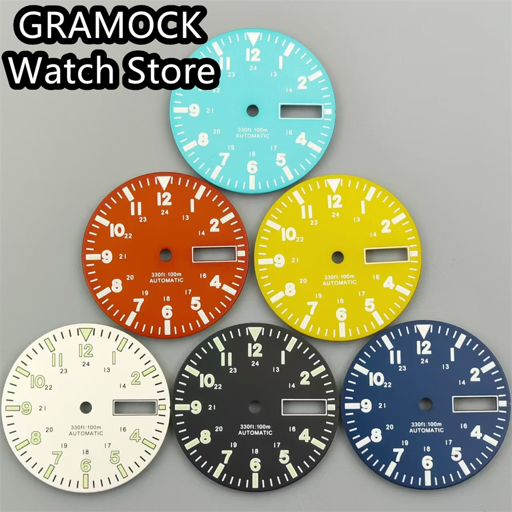 GRAMOCK 29mm Watch Dial Black White Red Yellow Blue Dial Dual Date Calendar Window Green Luminous Fits NH36 NH36A Movement