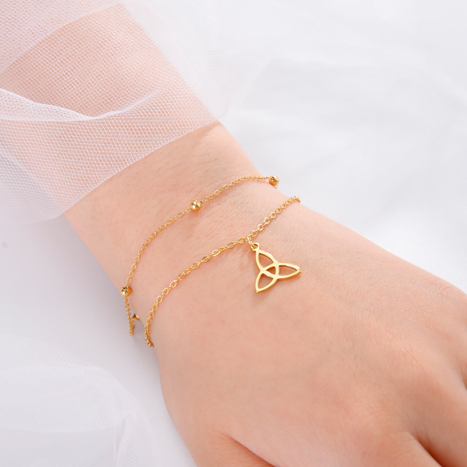 Celtic Knot Trinity Charm Bracelet Double Bead Layered Chain Amulet Stainless Steel Fashion Lucky Women Jewelry