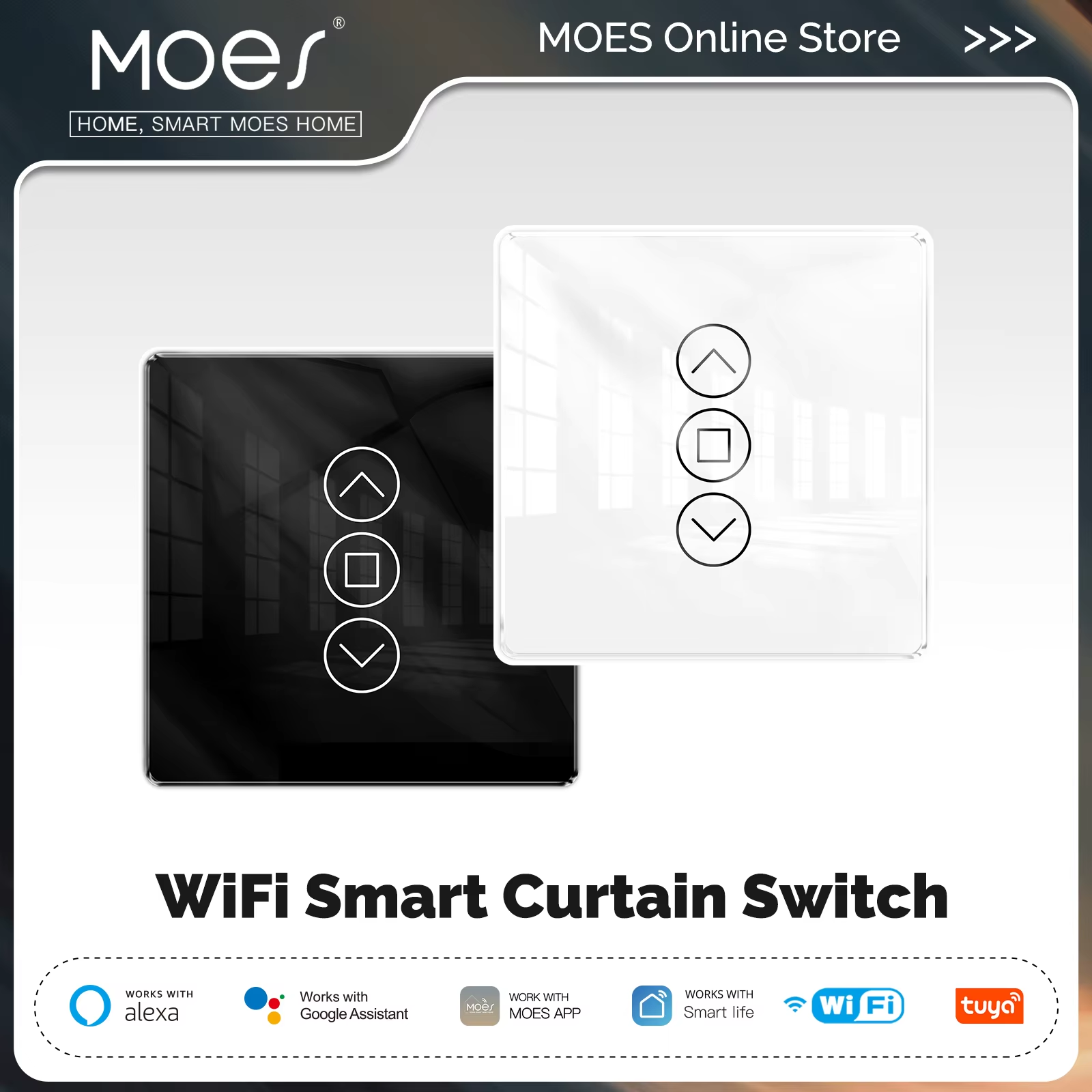 WiFi Smart 2.5D Arc Glass Touch Panel Curtain Switch for Roller Blinds Shutters APP Remote Control Work With Alexa Home
