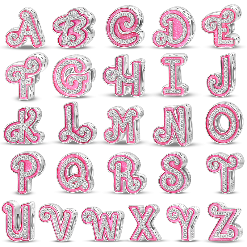 Tibetan Silver Romantic Pink 26 Letters DIY Love Charms Beads Fit 3mm 925 Original Bracelets Fine Birthday Jewelry Gift