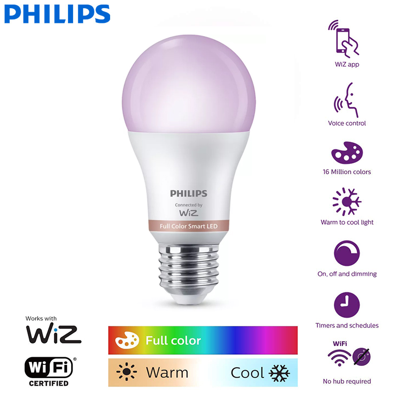 WiZ 8.5W E27 Wi-Fi & Bluetooth LED Smart Bulb 220-240V 16 Million Full Color EyeComfort Light Frosted Dimmable Lamp lightify