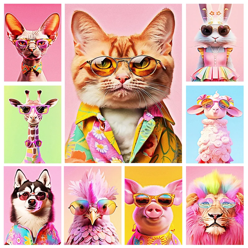 Modern Funny Animals Pop Art Poster Canvas Paintings And Prints Wall Art Lion Giraffe Portrait with Fashion Glasses Home Dec
