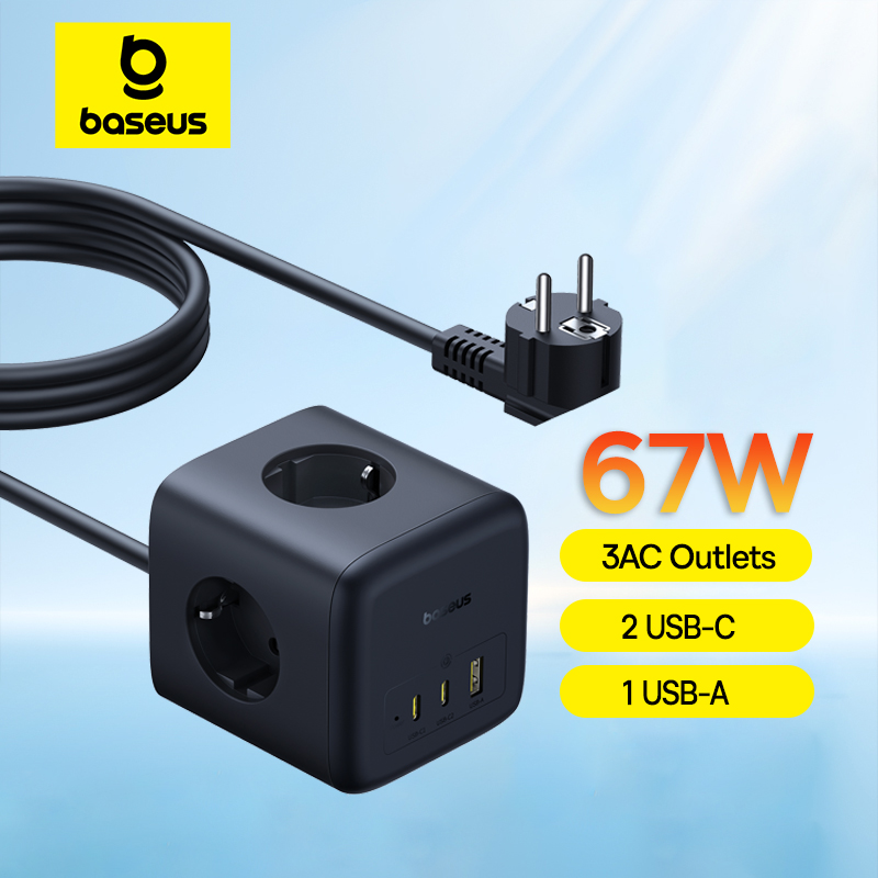 Baseus 67W GaN Charger Fast Power Strip USB-C Fast Charging 3AC Outlet 6 in 1 Desktop Station For Laptop iPhone