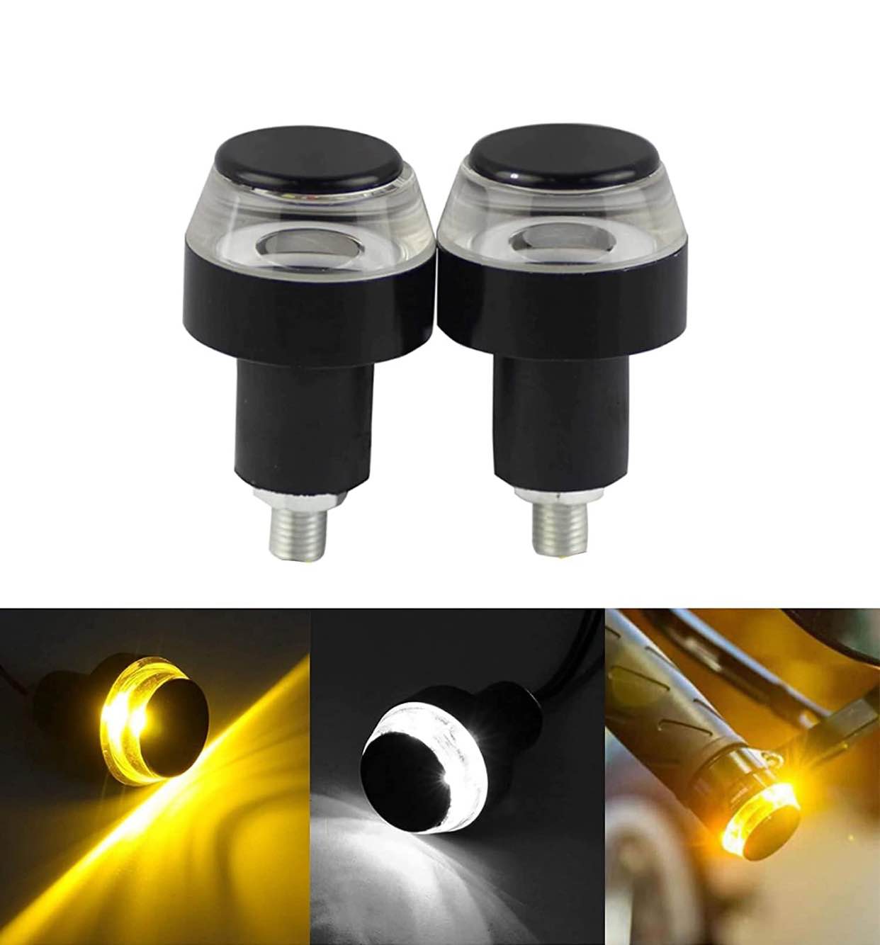 Handlebar Light - 2x Yellow White Handle bar End Lights for Universal Bike Scooty Bajaj Hero Honda Tvs Ktm Suzuki Yamaha Kawasaki & More | LED | Orange,White,Yellow | Set of 2