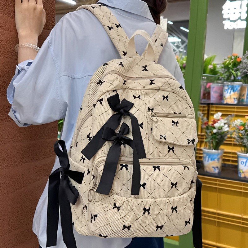 Bow Backpack Corduroy School Bag for Women Girls Large Capacity Laptop Backpack Cute Y2K Style Student Bookbag Casual Adjustable