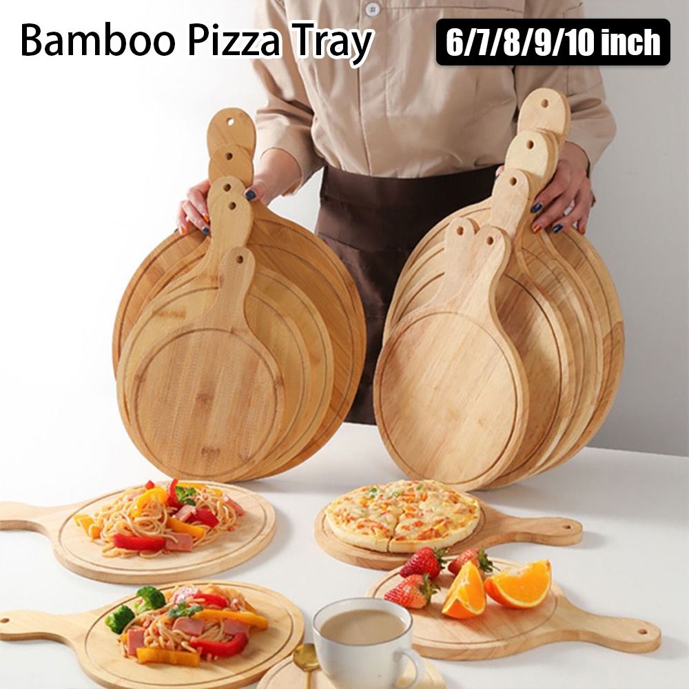 6/7/8/9/10 Inch Bamboo Wooden Pizza Board Round with Handle Pizza Baking Tray Pizza Stone Cutting Board
