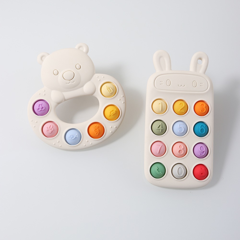 2025 NEW Baby Bear Silicone Push Pop Teether - White Chew Toy with Colorful Pop Chain, Sensory Fidget Toy for Infants