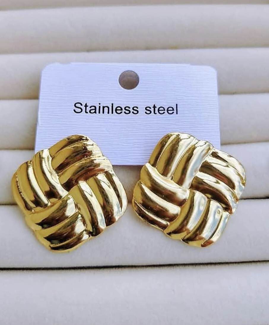 Stainless Gold Square Shaped Woven Knot Earring