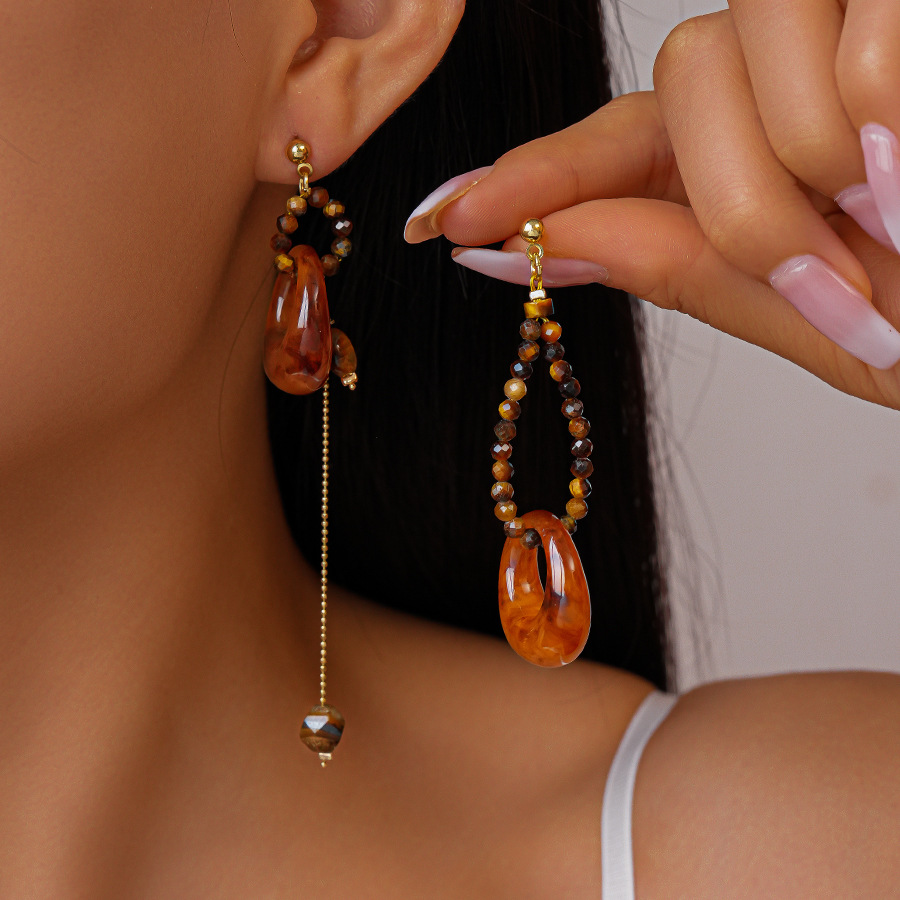 Vintage Asymmetric Resin Dangle Earrings for Women Geometric Round Tiger Eye Stone Drop Earring Elegant Charming Jewelry Gift B1