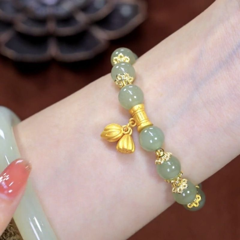 For Women Exquisite Lucky Hotan Jade Bracelet Natural Bamboo Beaded Bracelet New Chinese Style Jade Bracelet