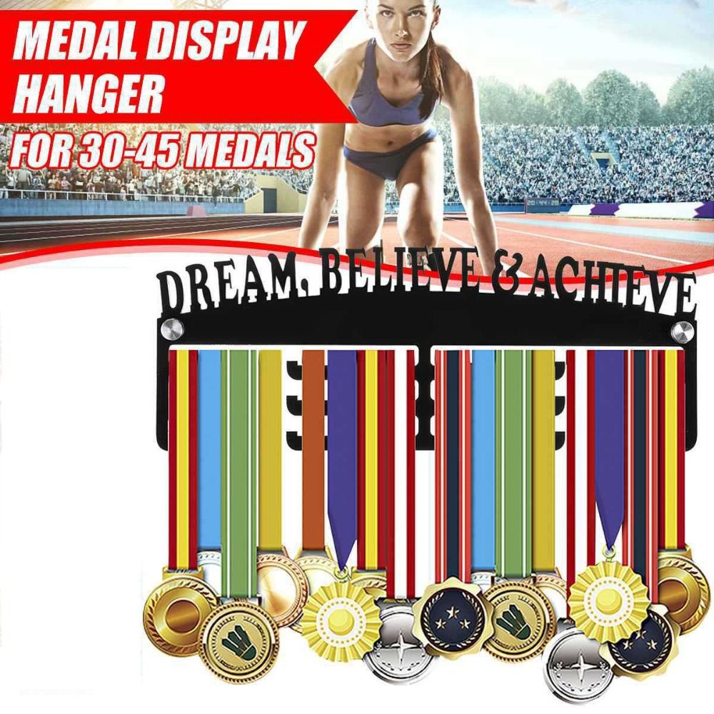 With Inspirational Words Sport Medal Display Rack Wall Mounted Black Medal Display Hanger Iron 3 Tier Fame Medal Rack