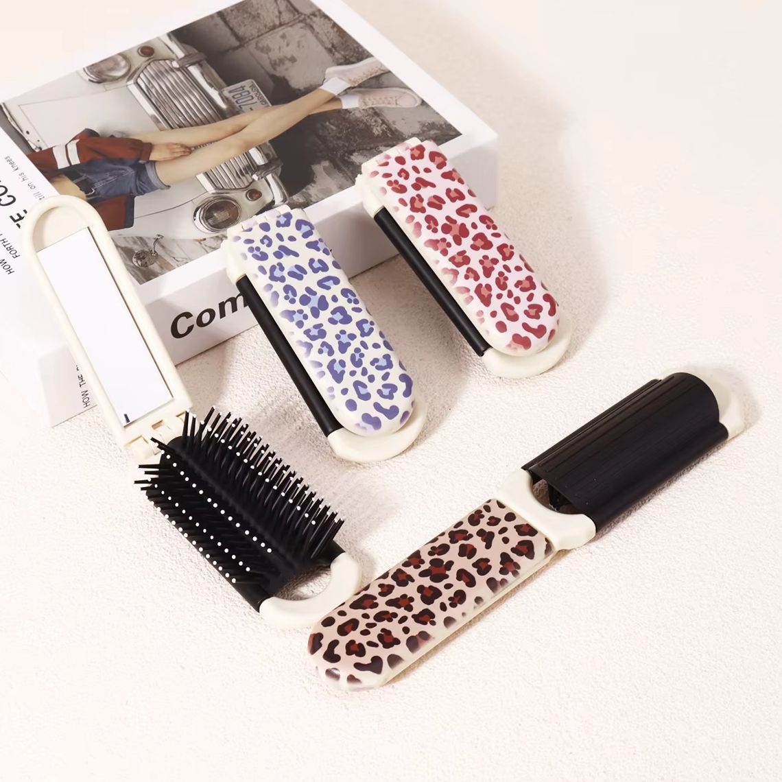 1pc portable folding mirror comb with air cushion,leopard print pattern,portable travel makeup mirror,Special for real hair