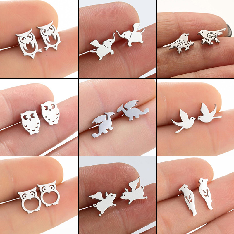 Cute Stainless Steel Flying Pig Elephant Earring Cartoon Owl Bird Ear Jewelry Girls Fly Animal Earrings Accessories
