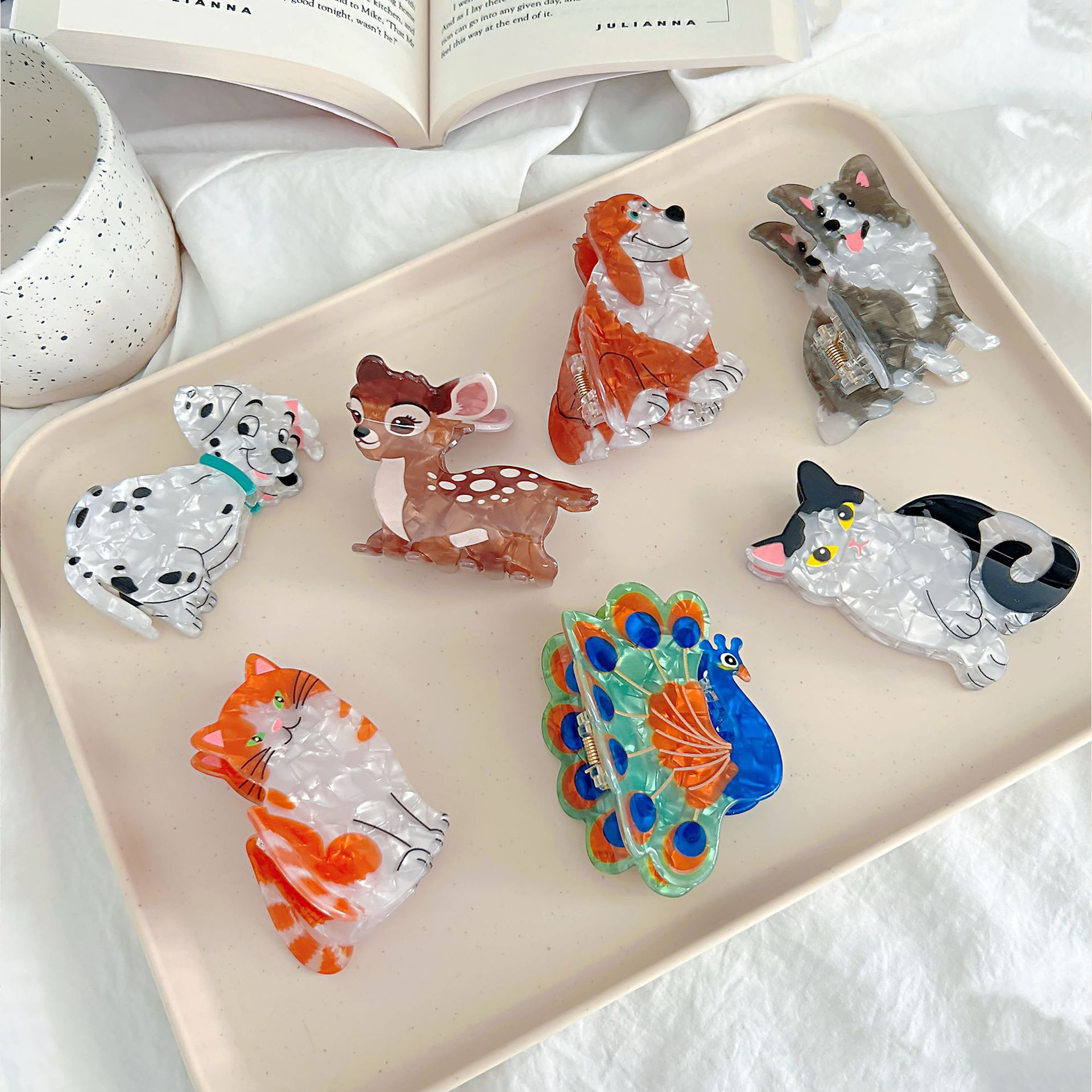1pc Cute Puppy, Sika Deer Acetate hair Clip, Peacock Spotted Dog Cat Cartoon Animal Back of Head Updo Shark Clip