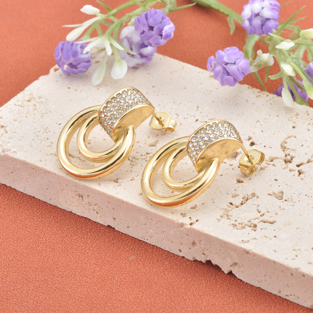 JeeMango Fashionable Unique Design Stainless Steel 18K White Zircon Circle Earrings Women's Personality Jewelry Geometric E26033