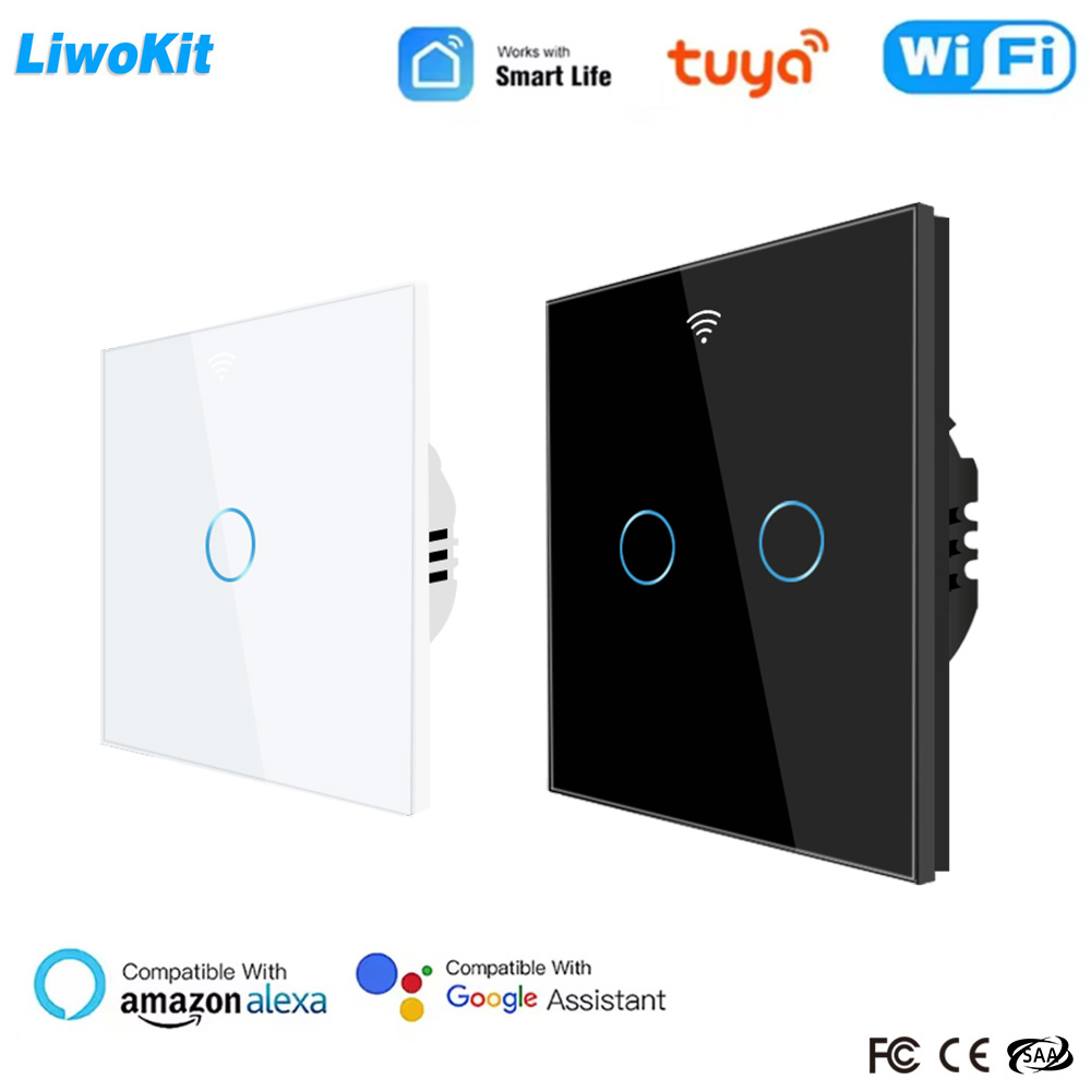 LiwoKit Tuya Smart Switch WIFI Need Neutral EU Standard Smart Home Light Touch Switches Wall 1/2/3/4 Gang Alexa Voice Control lightify