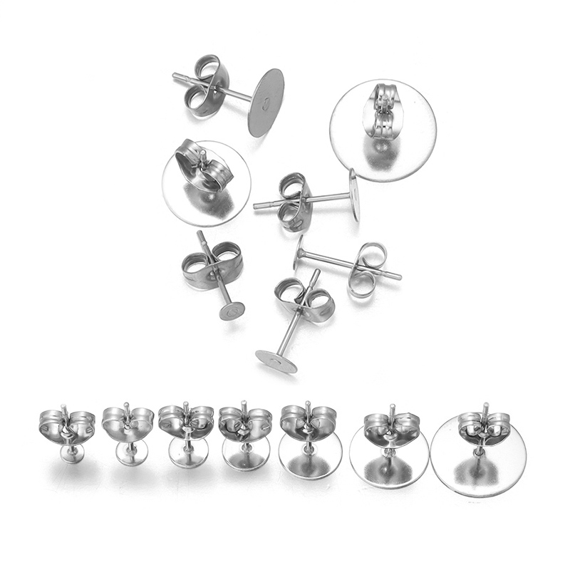 50sets/lot 3/4/5/6/8/10/12mm Stainless Steel Flat Post Back Blank Earring Stud Base With Earrings Plug DIY Earrings Accessories