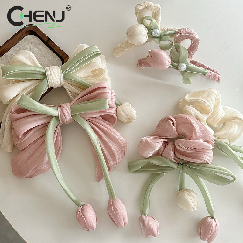 Women Fashion Gifts Sweet Tulip Ribbon Hair Ring for Girls Cute Elegant Bowknot Clip Exquisite Tassels Accessories