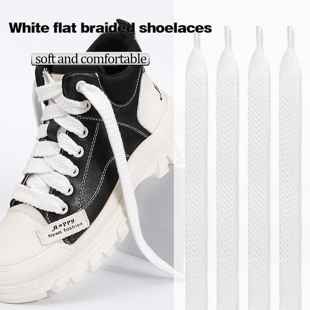 1/2 pairs White flat braided shoelaces, 15mm Wide Shoe Lace for Sneakers, Replacements for Athletic Sport Shoelaces