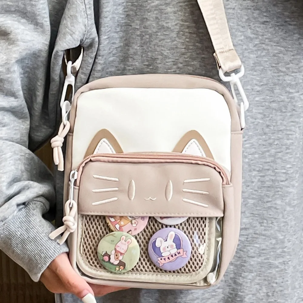 Embroidered Cat Crossbody Bag Harajuku Style Trendy Transparent Bar Badge Phone Bags Simple Cartoon Cute Pain Small Bag Women's