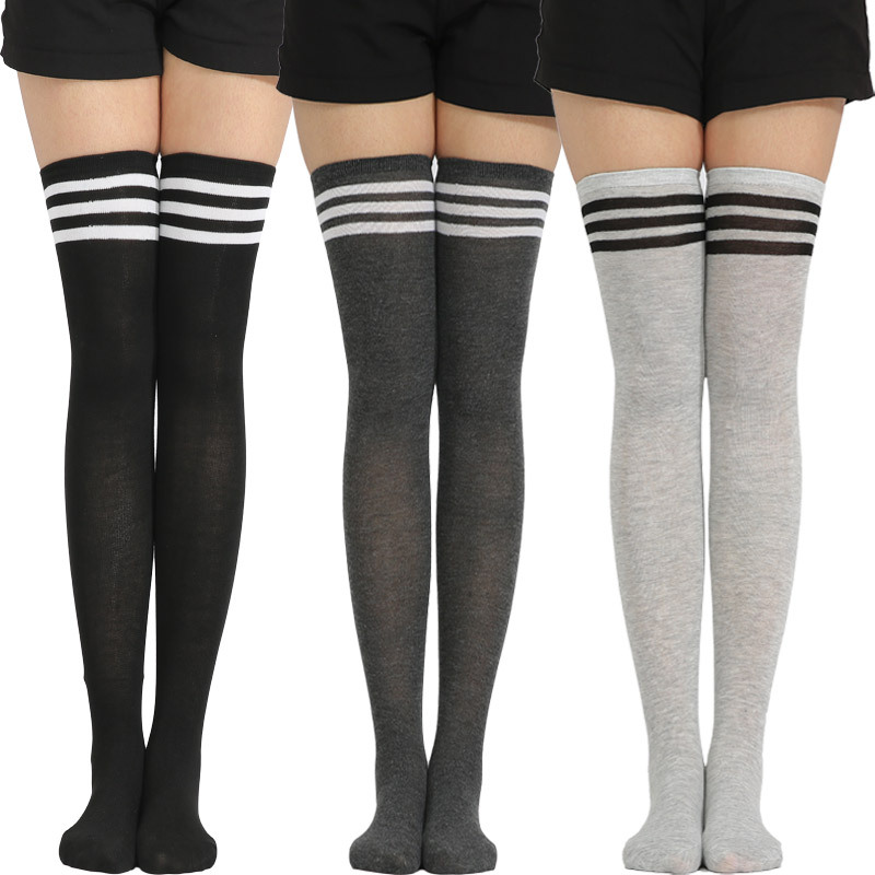 1/2/3 Pairs Women's Black White Striped over Knee Long Socks Thigh High Soft Tube Stockings for Ladies Girls
