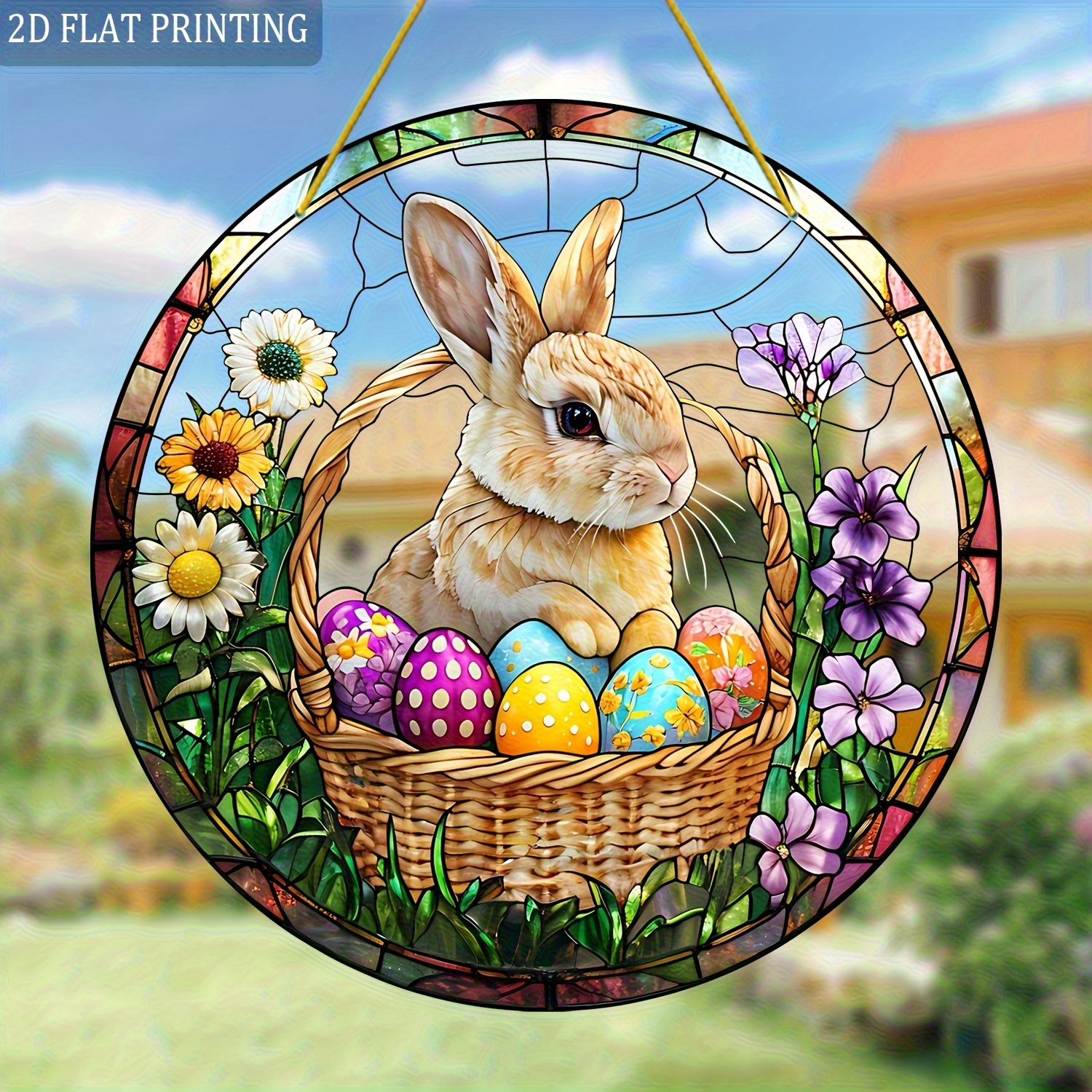 2D Flat - One 2D Flat Acrylic Easter Egg and Bunny Catcher | Boho Style, 8.0inch X 8.0inch, Window Hanging New Year and Festival