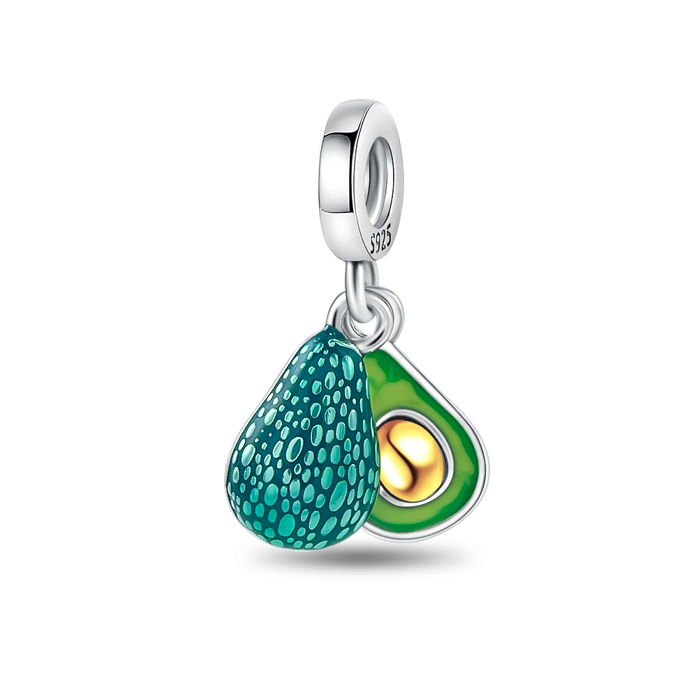 Silver Plated Cute Avocado Charm Bead, Green Enamel Avocado Dangle Bead Fits European Bracelet Nice Healthy Food Jewelry