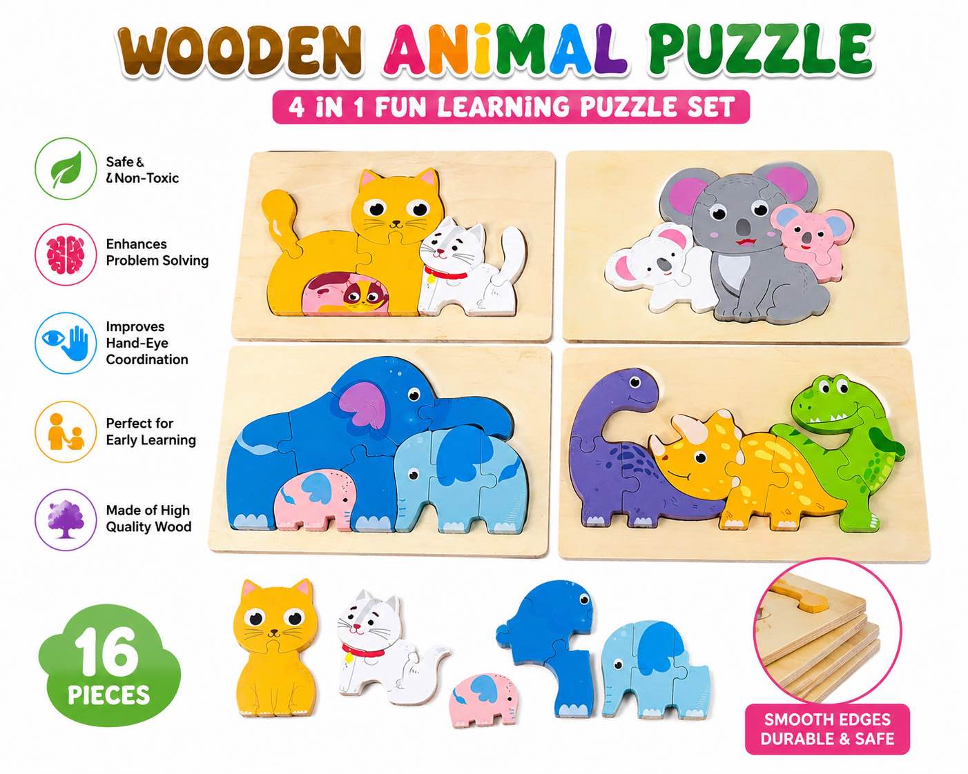 Wooden Puzzle Animal Family (4 Pcs) Montessori Educational Toys