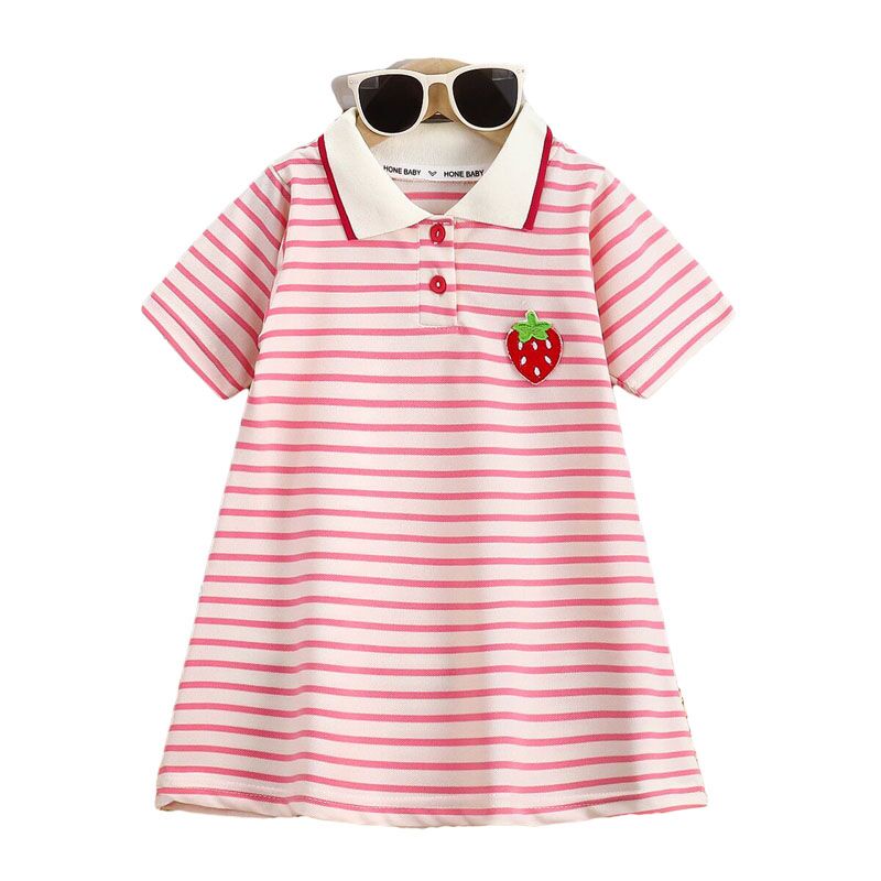 2025 New Children's dress girls' Korean version summer cartoon striped lapel short sleeved casual dress 1-12Y