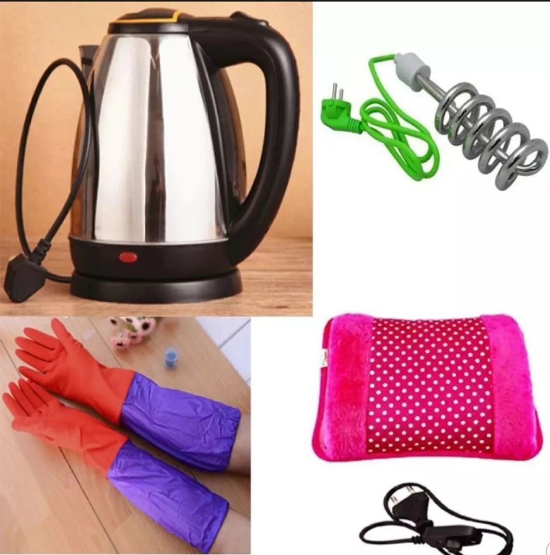 4 In 1 Winter Combo Of Water Kettle, Water Heating Rod, Dish Washing Gloves And Hot