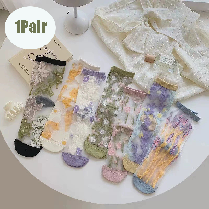 1 Pair Women's France Floral Ultra-Thin Transparent Crystal Silk Socks New Sweet Cute Japanese Summer Mid-Tube Elastic Socks